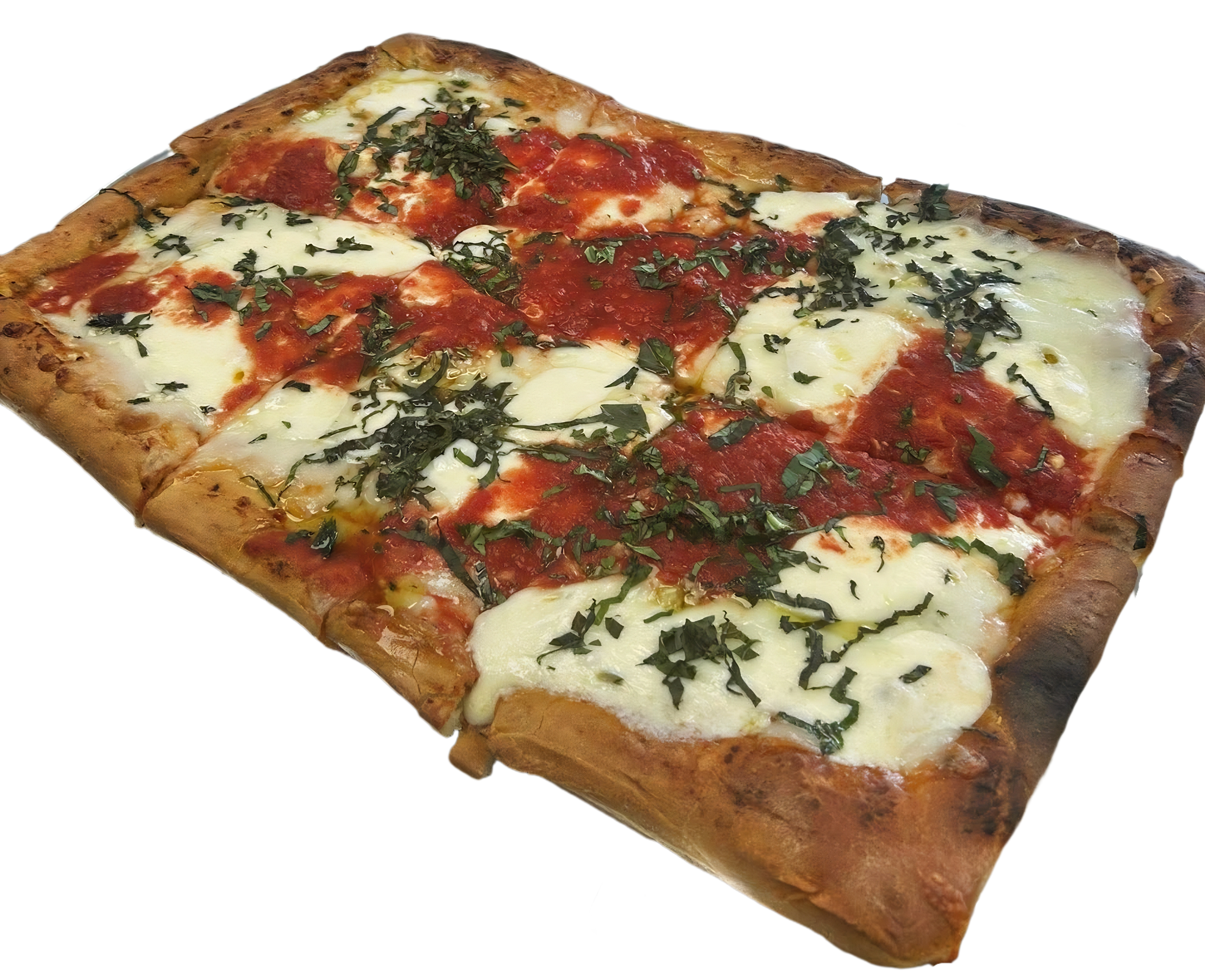 Grandma Pizza — mozzarella, olive oil, garlic, basil, pizza sauce, pecorino romano