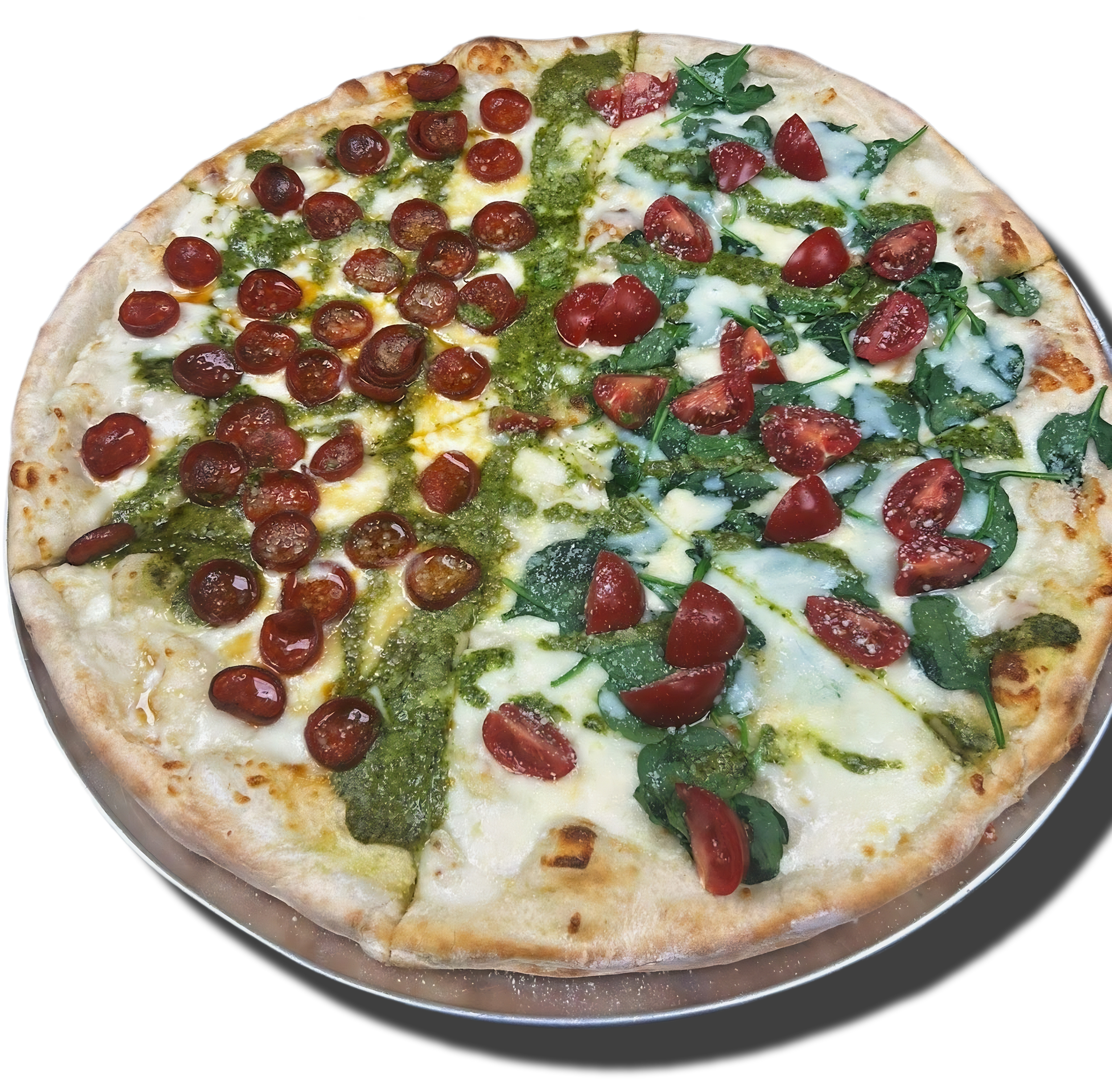 Pestoroni Pizza — pepperoni cups, pesto sauce, mozzarella, hot honey, sweet ricotta